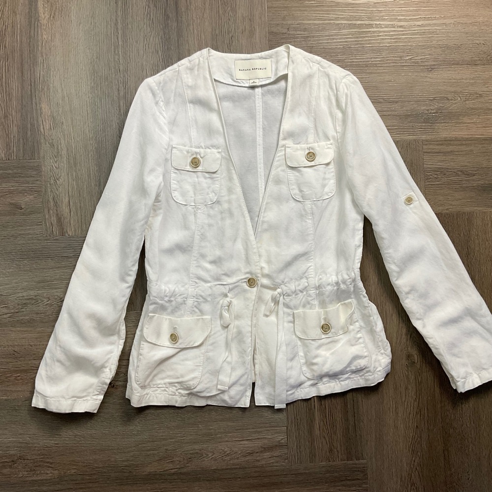 Banana Republic Linen Safari Utility Drawstring Waist Jacket Womens 4 White Boho